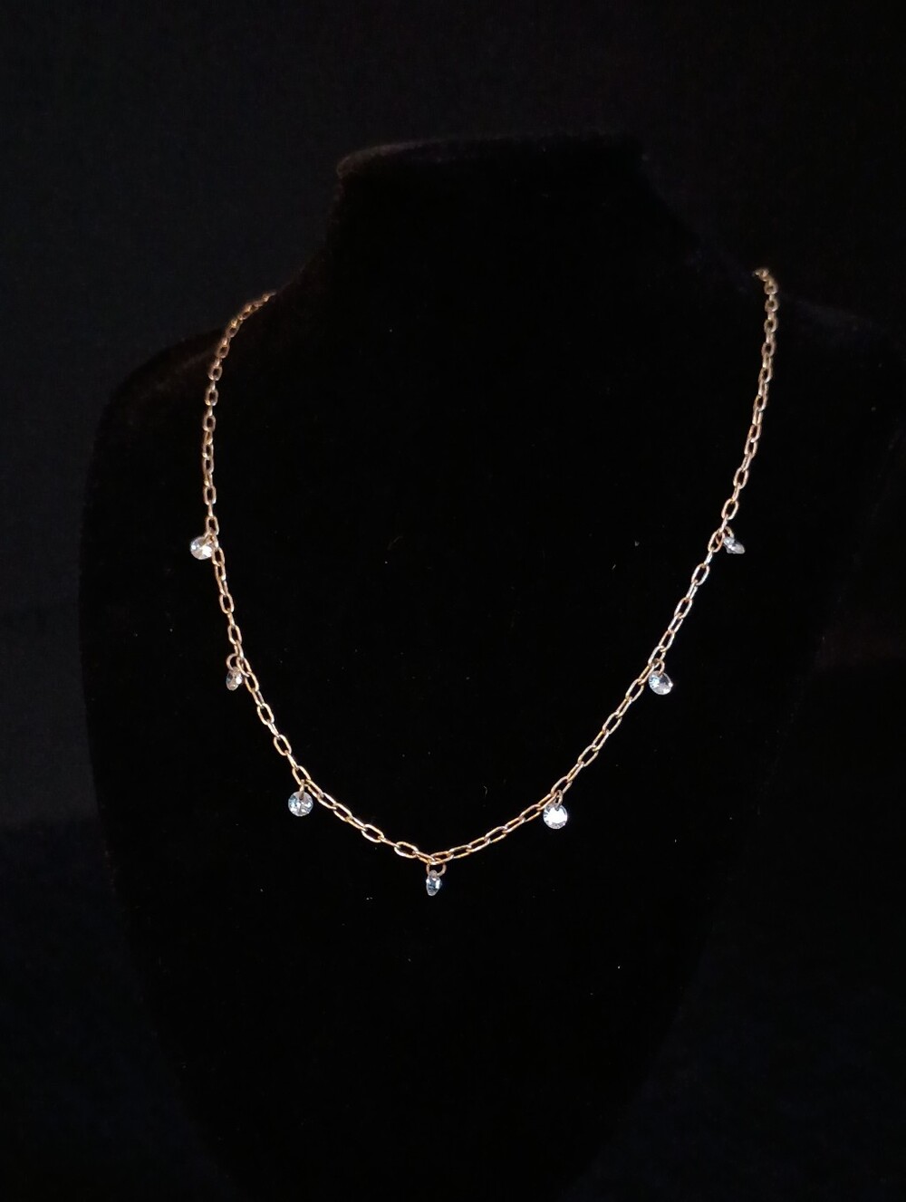 Delicate Silver Tone Chain Necklace with Clear Gem Rhinestone Drops